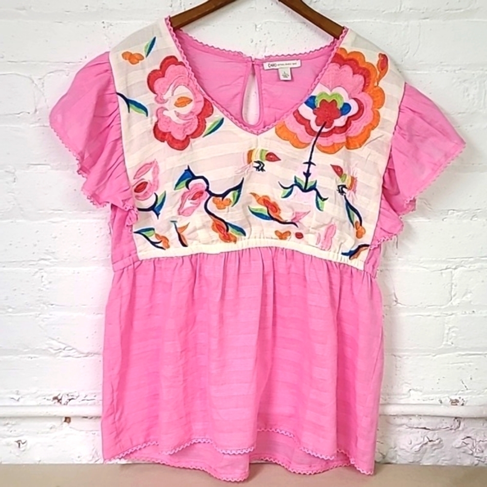 Cato Pink Embroidered Floral Yoke Tunic